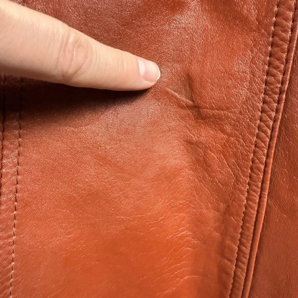 Vintage 70s Rust Brown Orange Leather Full Length Trench Coat Made Korea SMALL - Picture 11 of 16